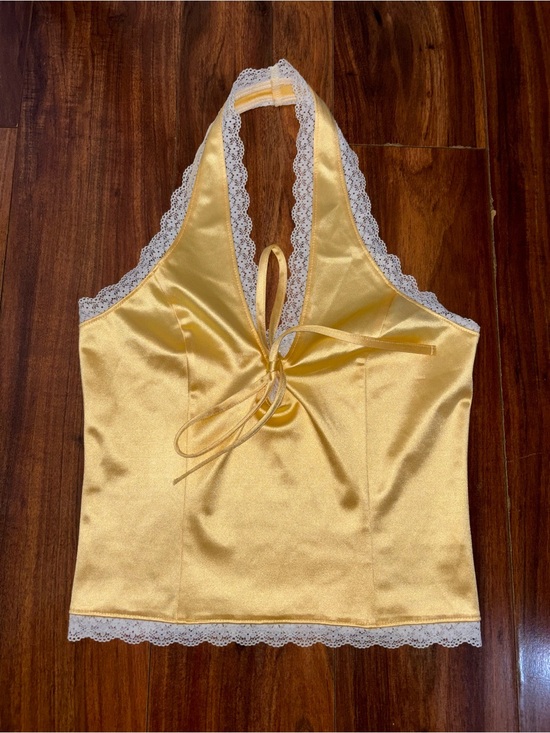 Source Unknown Tops - Yellow Satin Lace-Trim Halter Camisole